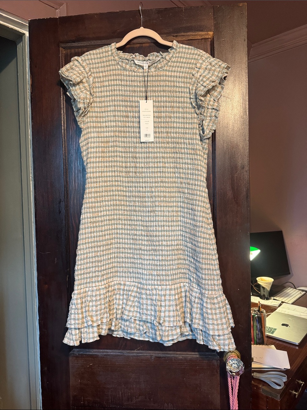 Veronica Beard Blue and Cream Gingham Ruffle Midi Dress